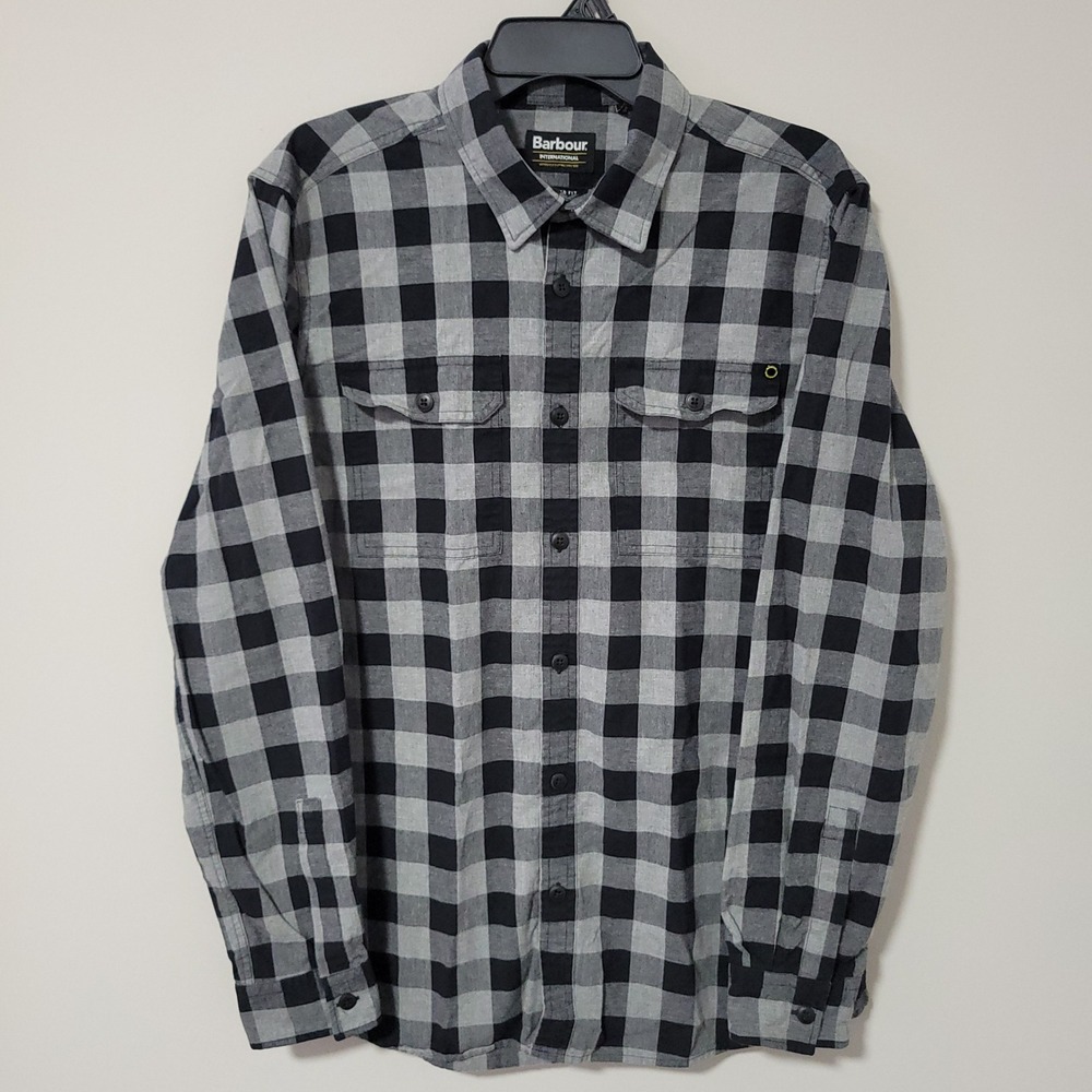 Barbour International Button Up Shirt Mens M Black Gray Buffalo Plaid Motorcycle